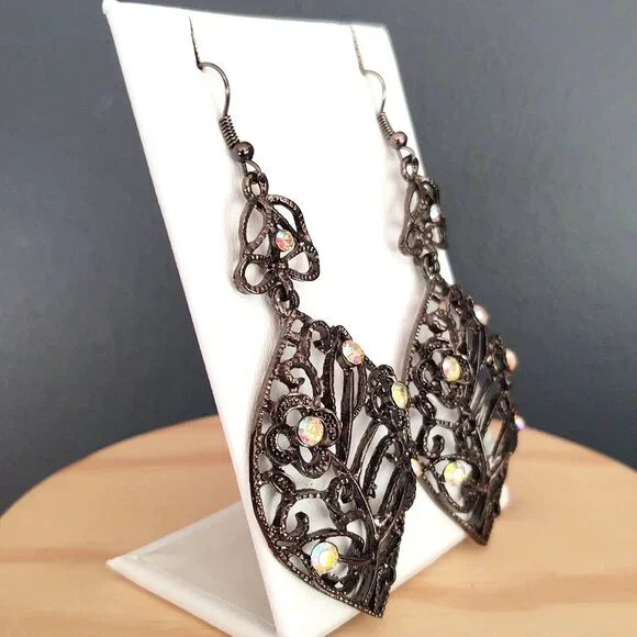 Dark metal dangle earrings with aurora borealis bead accents - Picture 3 of 10